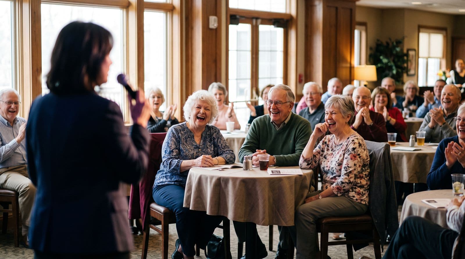 Older adults laughing at tables in a bright retirement community clubhouse during a comedian's afternoon show