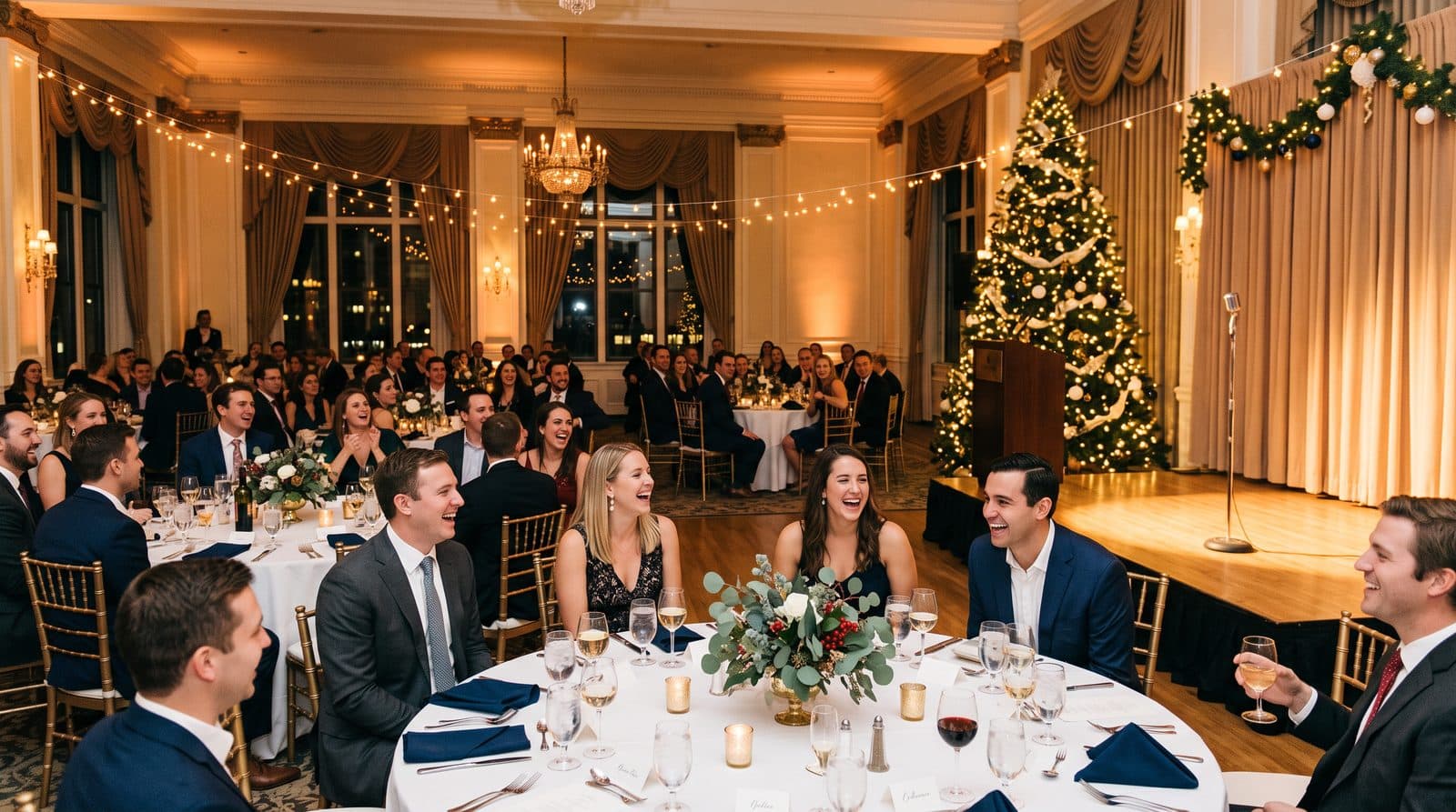 Coworkers in festive attire laughing at round tables in a hotel ballroom decorated for the holidays, facing a microphone in a spotlight