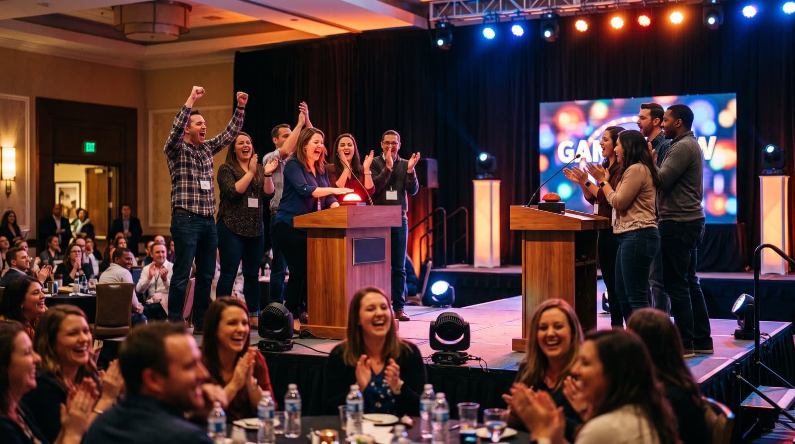 Two teams of coworkers at podiums on a small stage, cheering during a company game show
