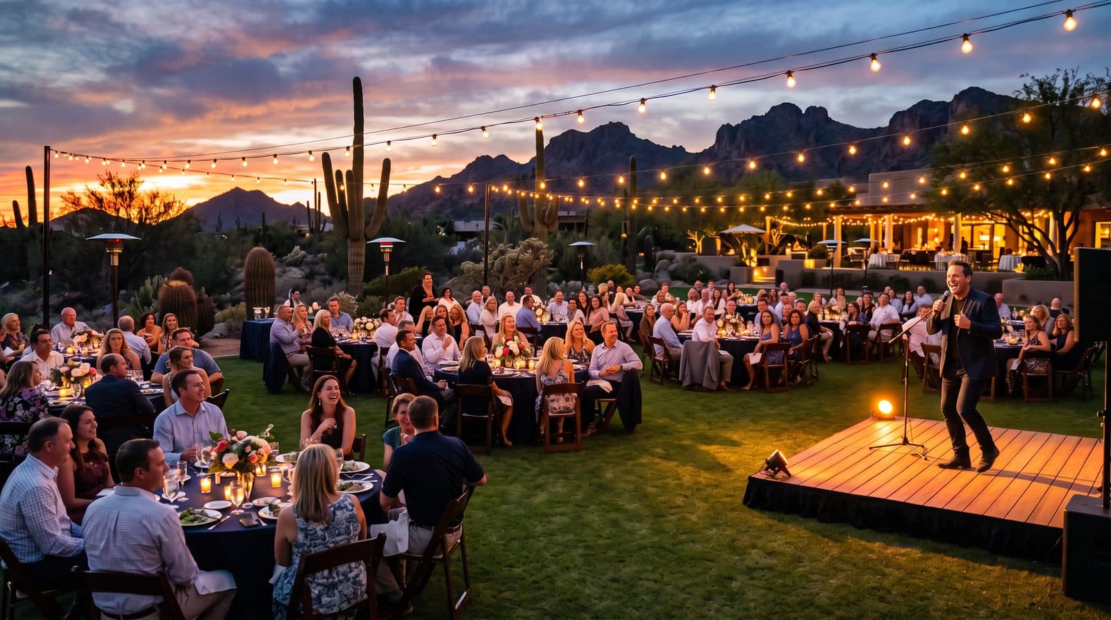 A comedian performing on a small outdoor stage as guests laugh at tables on an Arizona resort lawn at sunset, with saguaros and desert mountains behind them