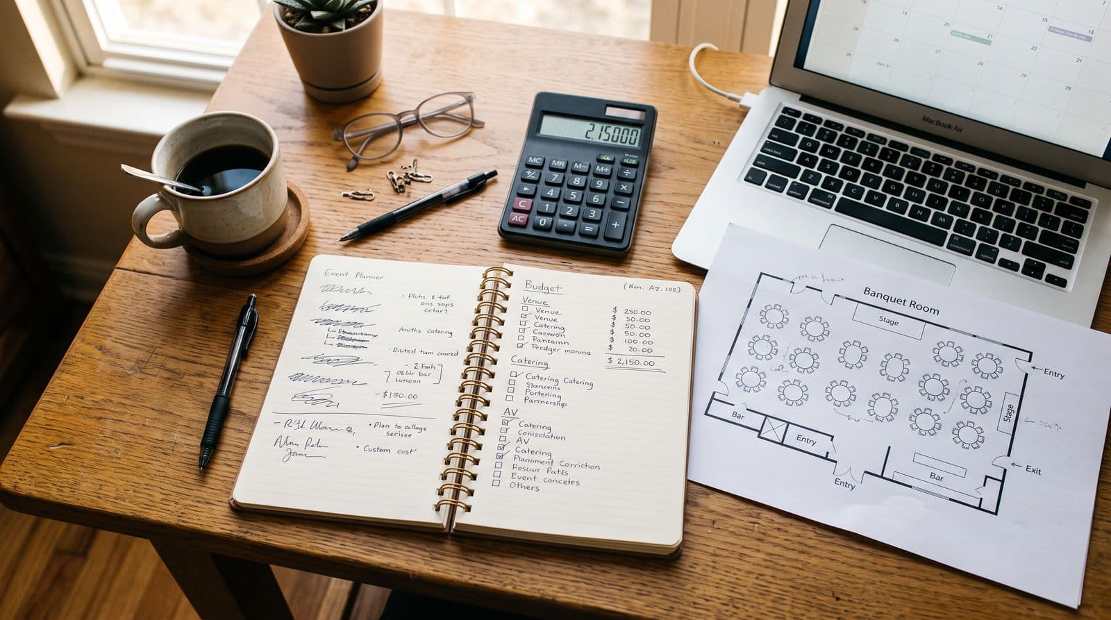 An event planner's desk with a budget notebook, calculator, laptop and a banquet room floor plan