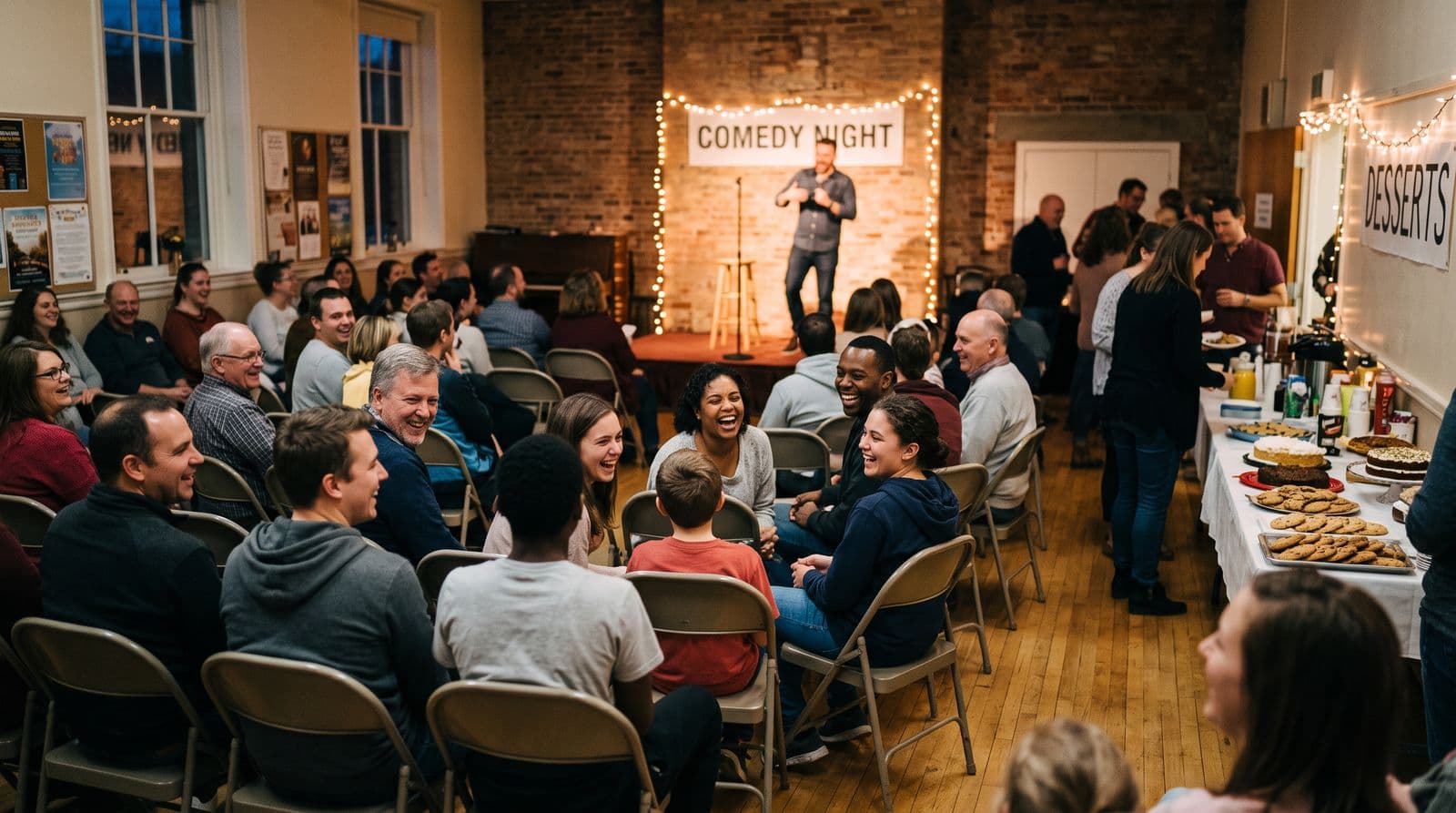 Families and couples laughing in folding chairs at a church fellowship hall comedy night with string lights and a dessert table