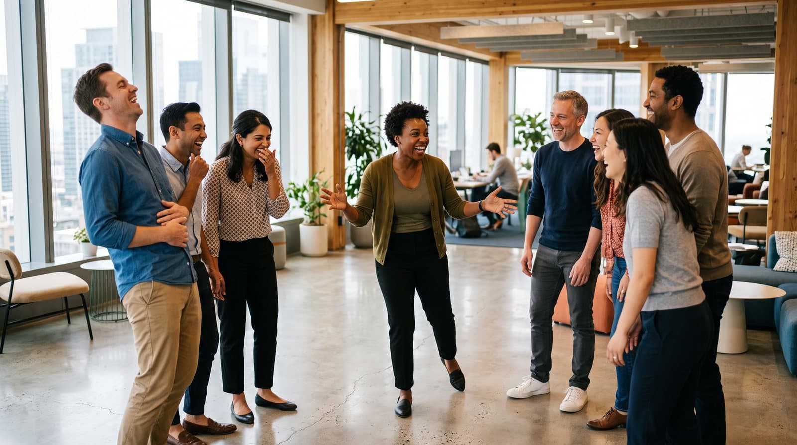 Coworkers standing in a circle in a bright office, laughing during an improv exercise