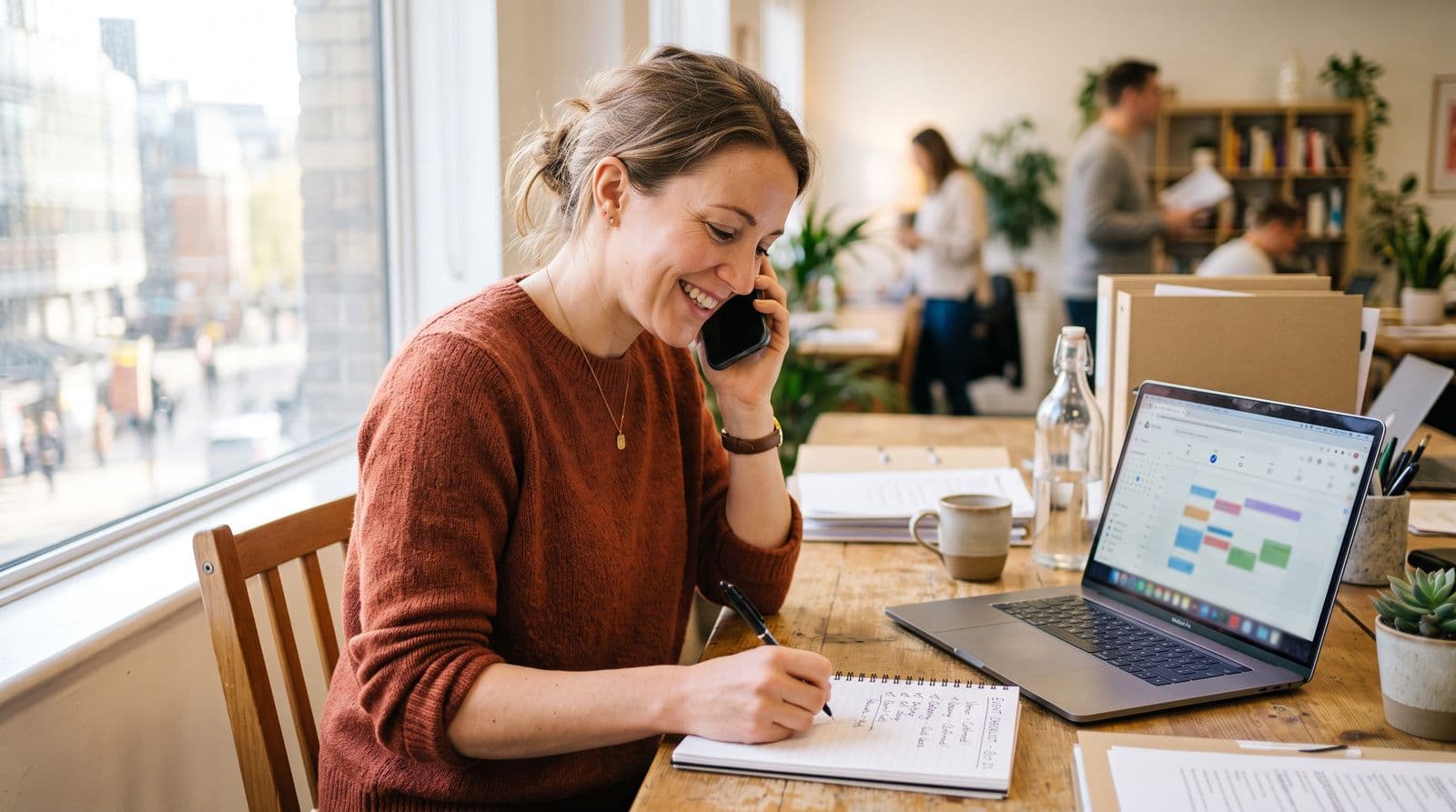 An event planner on the phone taking notes on a checklist at a bright office desk