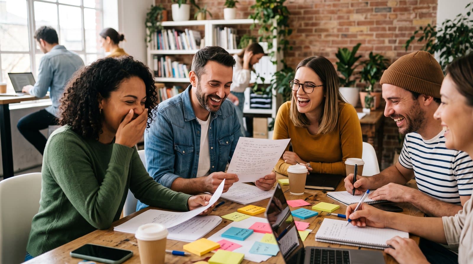 Coworkers around a table with sticky notes and scripts, laughing while writing a comedy sketch together