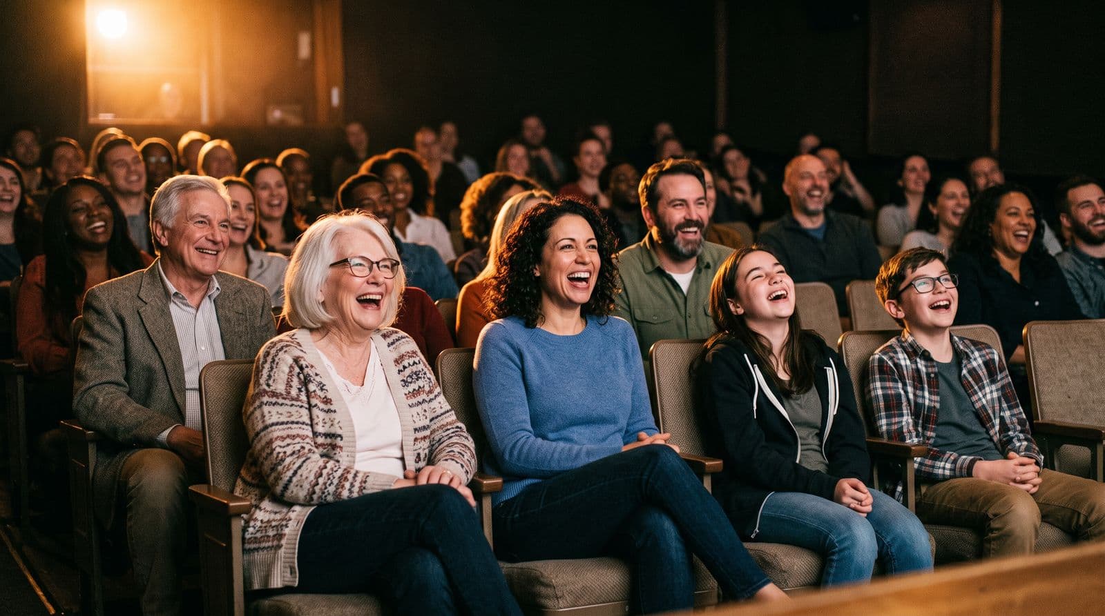 Grandparents, parents and teenagers laughing together in a small theater audience