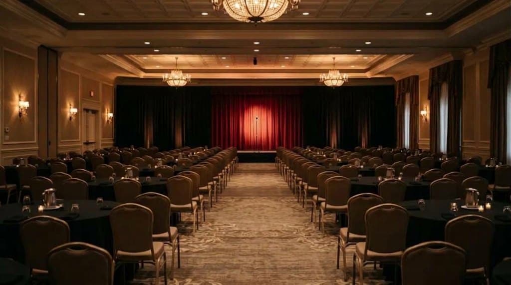 A ballroom set for a comedy show: a microphone in a spotlight on stage, with chairs and tables facing it