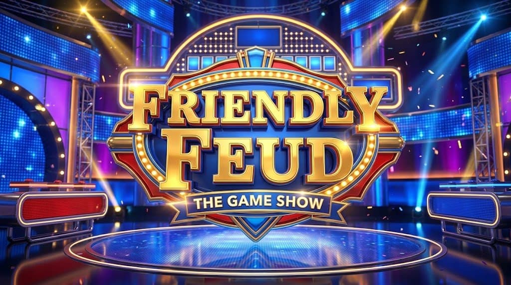 Friendly Feud: The Game Show logo on a lit game-show stage