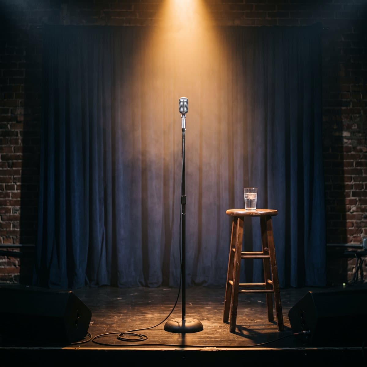A microphone on a stand under a spotlight on an empty comedy club stage